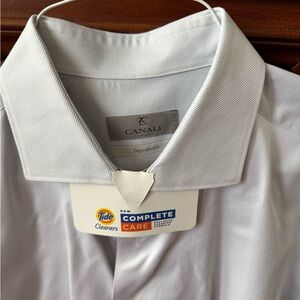 Canali Men's Very Pale Gray, Open Collar Shirt w/ slight texture. Size 17.